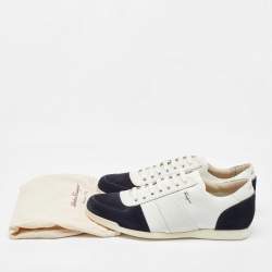 Salvatore Ferragamo White/Navy Blue Leather and Suede Low Top Sneakers Size 41.5