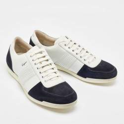 Salvatore Ferragamo White/Navy Blue Leather and Suede Low Top Sneakers Size 41.5