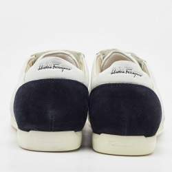 Salvatore Ferragamo White/Navy Blue Leather and Suede Low Top Sneakers Size 41.5