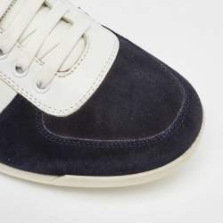 Salvatore Ferragamo White/Navy Blue Leather and Suede Low Top Sneakers Size 41.5