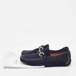 Pre Owned Salvatore Ferragamo Navy Blue Suede Gancini Slip On Loafers Size 41.5
