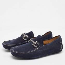 Pre Owned Salvatore Ferragamo Navy Blue Suede Gancini Slip On Loafers Size 41.5