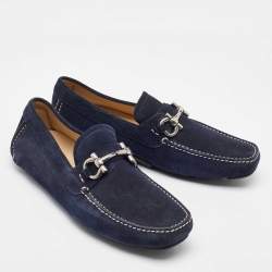 Pre Owned Salvatore Ferragamo Navy Blue Suede Gancini Slip On Loafers Size 41.5