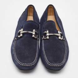 Pre Owned Salvatore Ferragamo Navy Blue Suede Gancini Slip On Loafers Size 41.5