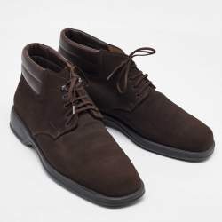 Salvatore Ferragamo Dark Brown Suede Lace Up Mid Sneakers Size 41.5