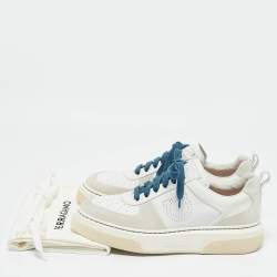 Pre Owned Salvatore Ferragamo White Leather and Suede Cassina Sneakers Size 41.5