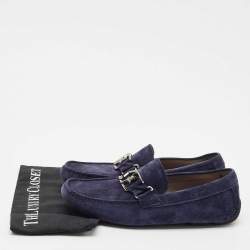 Salvatore Ferragamo Navy Blue Suede Gancini Loafers Size 43