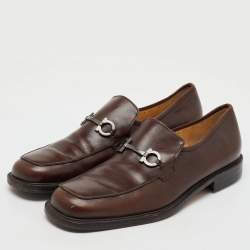 Pre Owned Salvatore Ferragamo Dark Brown Leather Gancini Slip On Loafers Size 46