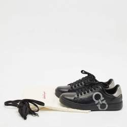 Salvatore Ferragamo Black/Silver Leather Gancini Lace Up Sneakers Size 40