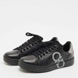 Salvatore Ferragamo Black/Silver Leather Gancini Lace Up Sneakers Size 40