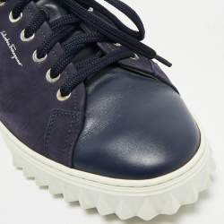Salvatore Ferragamo Navy Blue Leather and Nubuck Leather  Low Top Sneakers Size 43.5