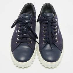 Salvatore Ferragamo Navy Blue Leather and Nubuck Leather  Low Top Sneakers Size 43.5