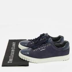 Salvatore Ferragamo Navy Blue Leather and Nubuck Leather  Low Top Sneakers Size 43.5