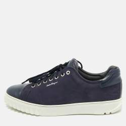 Salvatore Ferragamo Navy Blue Leather and Nubuck Leather  Low Top Sneakers Size 43.5