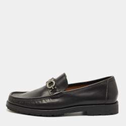 Pre Owned Salvatore Ferragamo Black Leather Fort Gancini Loafers Size 45