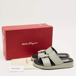 Pre Owned Salvatore Ferragamo Grey Ostrich Lutfi Platform Slide Sandals Size 40.5