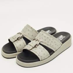 Pre Owned Salvatore Ferragamo Grey Ostrich Lutfi Platform Slide Sandals Size 40.5