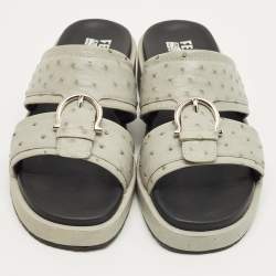 Pre Owned Salvatore Ferragamo Grey Ostrich Lutfi Platform Slide Sandals Size 40.5