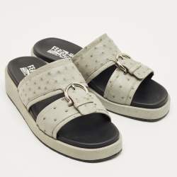 Pre Owned Salvatore Ferragamo Grey Ostrich Lutfi Platform Slide Sandals Size 40.5