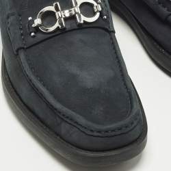 Pre Owned Salvatore Ferragamo Gancini Size 43 Navy Blue Nubuck Leather Slip On Loafers