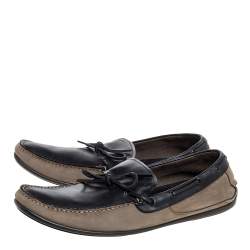 Salvatore Ferragamo Brown/Grey Nubuck Leather Bow Slip On Loafers Size 46