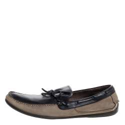 Salvatore Ferragamo Brown/Grey Nubuck Leather Bow Slip On Loafers Size 46
