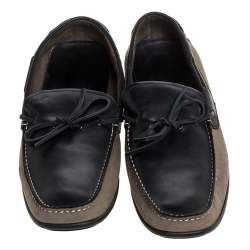 Salvatore Ferragamo Brown/Grey Nubuck Leather Bow Slip On Loafers Size 46