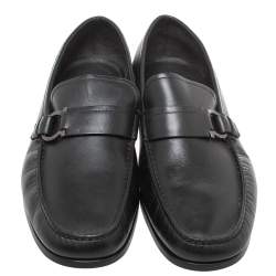 Pre Owned Salvatore Ferragamo Black Leather 'Ponza' One Side Gancio Loafers Size 42.5