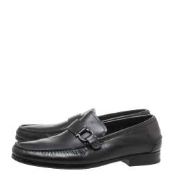 Pre Owned Salvatore Ferragamo Black Leather 'Ponza' One Side Gancio Loafers Size 42.5