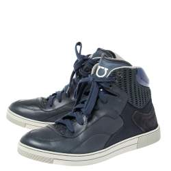 Salvatore Ferragamo Blue Leather and Mesh High Top Sneakers Size 41