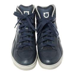 Salvatore Ferragamo Blue Leather and Mesh High Top Sneakers Size 41