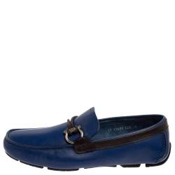 Pre Owned Salvatore Ferragamo Blue Leather Gancini Bit Slip On Loafers Size 42