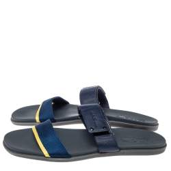 Salvatore Ferragamo Blue Leather And Canvas Slide Flats Size 44