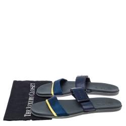 Salvatore Ferragamo Blue Leather And Canvas Slide Flats Size 44