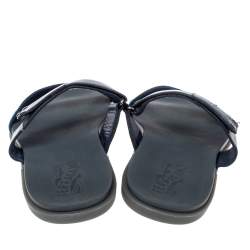 Salvatore Ferragamo Blue Leather And Canvas Slide Flats Size 44