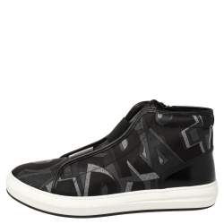 Salvatore Ferragamo Black Printed Canvas And Leather High Top Sneakers Size 44.5