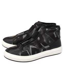 Salvatore Ferragamo Black Printed Canvas And Leather High Top Sneakers Size 44.5