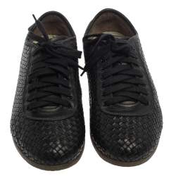 Pre Owned Salvatore Ferragamo Black Woven Leather Low Top Lace Sneaker Size 43.5