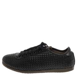 Pre Owned Salvatore Ferragamo Black Woven Leather Low Top Lace Sneaker Size 43.5