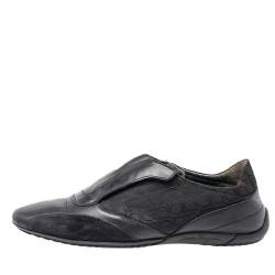 Salvatore Ferragamo Black Leather And Signature Canvas Slip On Sneakers Size 42