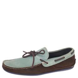 Salvatore Ferragamo Mint Green/Brown Suede And Leather Slip On Loafers Size 41.5