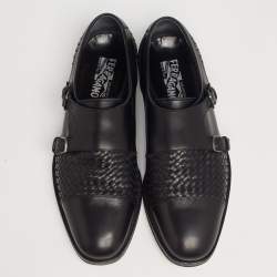 Pre Owned Salvatore Ferragamo Black Leather Tramezza Double-Monk Loafers Size 43