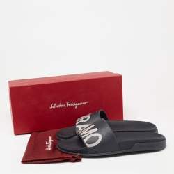 Pre Owned Salvatore Ferragamo Dark Blue Rubber Amos Slides Size 43