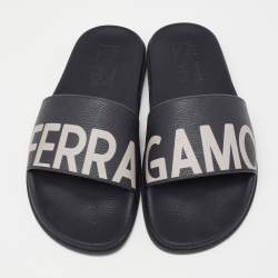Pre Owned Salvatore Ferragamo Dark Blue Rubber Amos Slides Size 43