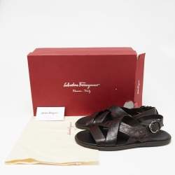 Salvatore Ferragamo Dark Brown Gancini Embossed Leather Cross Strap Sandals Size 40