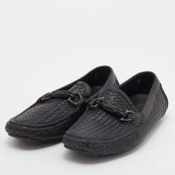 Pre Owned Salvatore Ferragamo Black Woven Leather Parigi Gancini Slip On Loafers Size 42