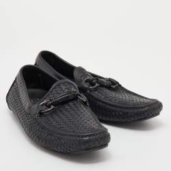 Pre Owned Salvatore Ferragamo Black Woven Leather Parigi Gancini Slip On Loafers Size 42