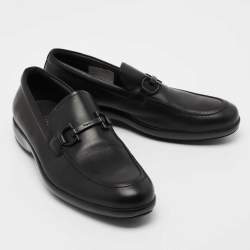 Pre Owned Salvatore Ferragamo Black Leather Logo Slip On Loafers Size 40