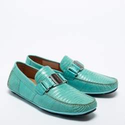 Pre Owned Salvatore Ferragamo Green Lizard Leather Sardegna Loafers Size 41