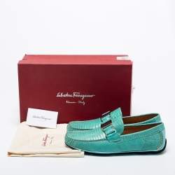 Pre Owned Salvatore Ferragamo Green Lizard Leather Sardegna Loafers Size 41